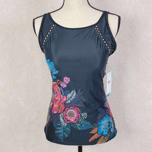 Free Country Black Macrame Floral Print Quick Dri Tankini Swim Top Sz M NEW - Picture 3 of 16
